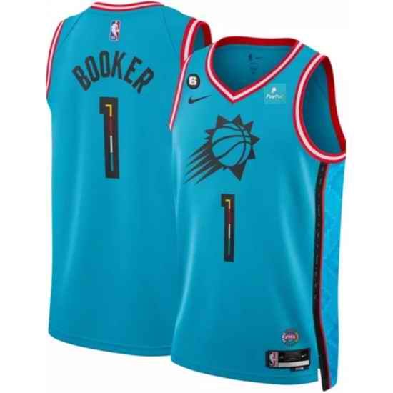 Men Phoenix Suns 1 Devin Booker Blue 2022 23 City Edition With NO 6 Patch Stitched Basketball Jersey
